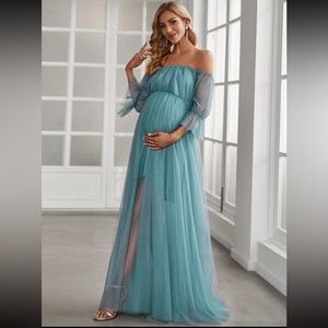 Maternity Off Shoulder Flounce Sleeve
Mesh Dress